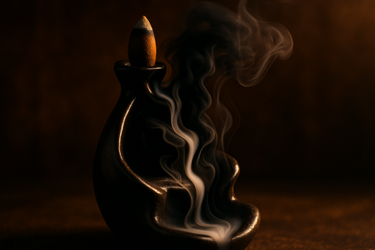 Blackflow incense cone creating dramatic downward flowing black smoke waterfall effect with ambient lighting for aromatherapy and meditation