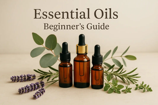 Essential oils for beginners - amber bottles with lavender and herbs for aromatherapy guide