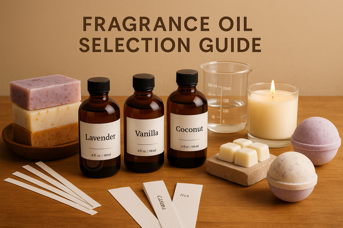 Fragrance oil selection guide showing various fragrance bottles with handmade soaps, candles, wax melts, and bath bombs for crafting applications
