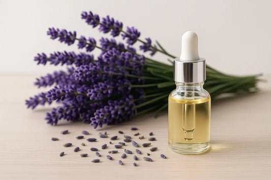 Fresh purple lavender flowers with glass essential oil bottle and dropper on white wooden surface - lavender essential oil benefits and aromatherapy uses