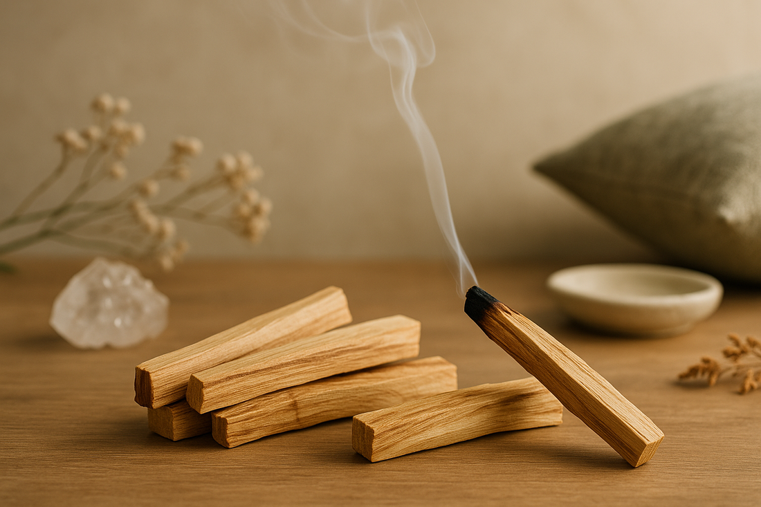 Palo Santo sticks with gentle smoke wisps in serene wellness setting - natural stress relief and aromatherapy for meditation and relaxation
