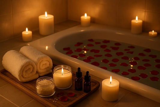 Relaxing bathroom spa scene with lit aromatherapy soy wax candles around a bathtub, rose petals floating in water, fluffy white towels, and essential oil bottles on wooden tray creating a luxurious wellness atmosphere