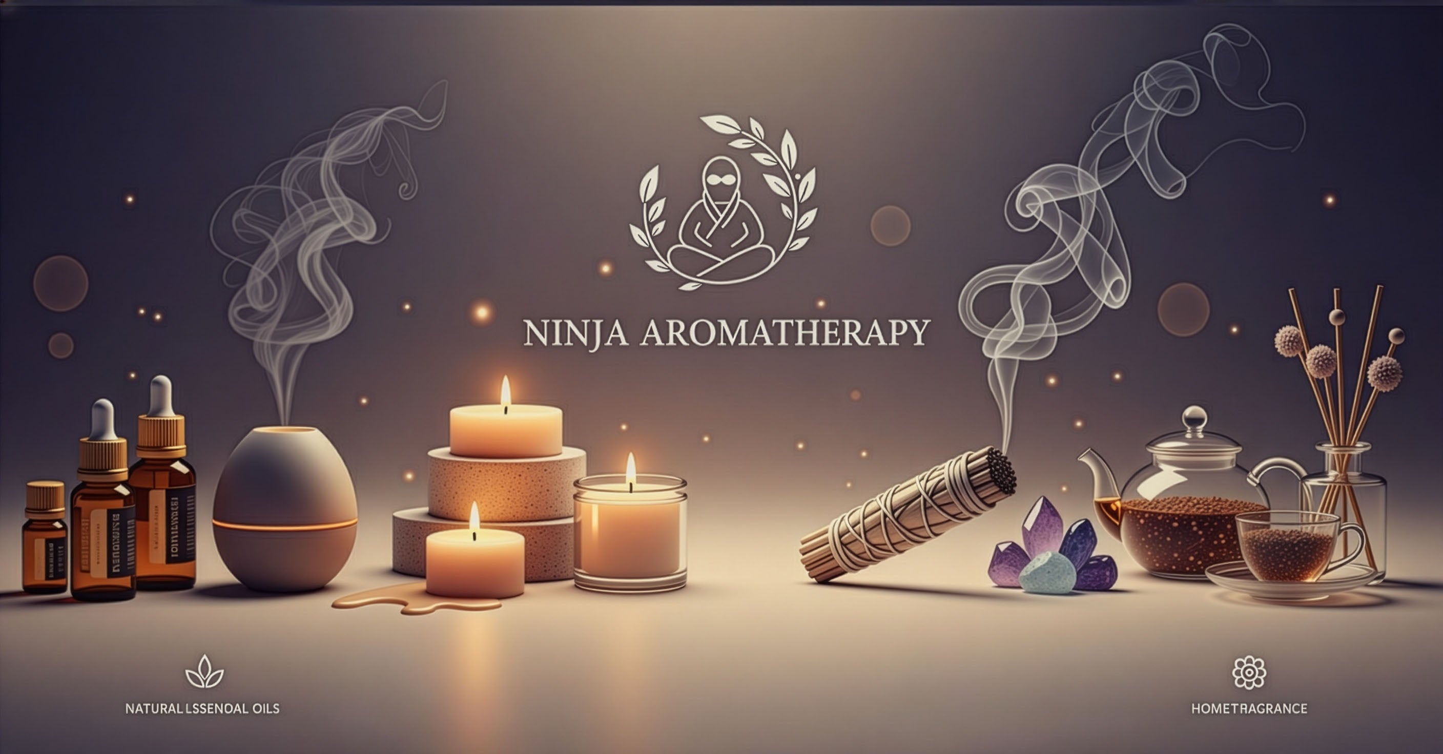 Ninja Aromatherapy setup with candles, oils, and incense on a dark background