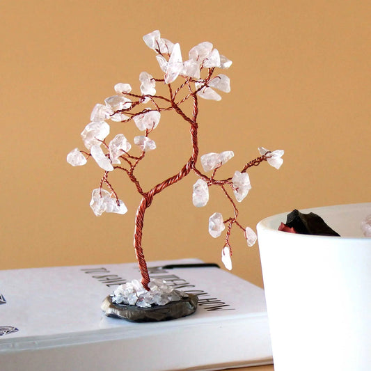 Gemstone Tree - Rock Quartz on Black Agate Base (35 stones) gemstone tree handmade in India for home decor and healing.