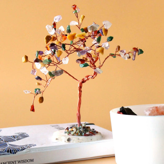 Lrg Gemstone Tree - Multi Stones on Natural Agate Base (100 stones) gemstone tree handmade in India for home decor and healin