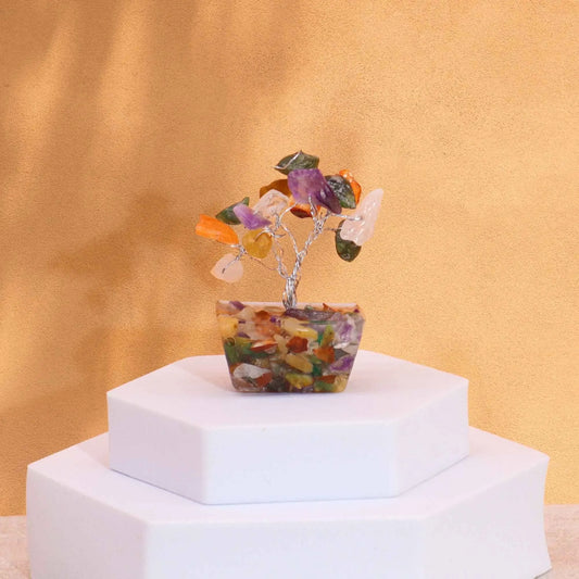 Mini Gemstone Tree on Orgonite Base - Multi Stones (15 stones) gemstone tree handmade in India for home decor and healing.