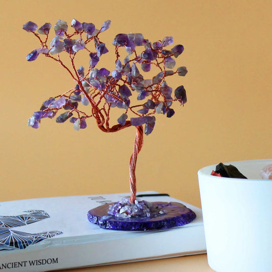 Lrg Gemstone Tree - Amethyst on Natural Agate Base (100 stones) gemstone tree handmade in India for home decor and healing.