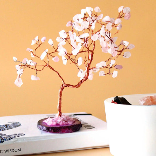 Lrg Gemstone Tree - Rose Quartz on Pink Agate Base (100 stones) gemstone tree handmade in India for home decor and healing.