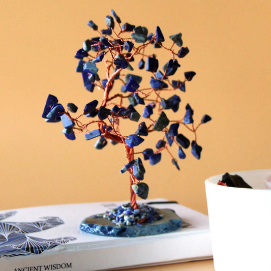 Lrg Gemstone Tree - Sodalite on Blue Agate Base (100 stones) gemstone tree handmade in India for home decor and healing.