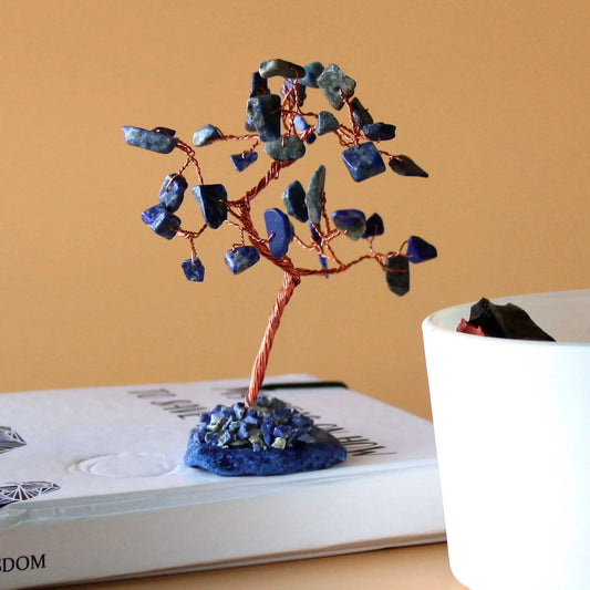 Gemstone Tree - Sodalite on Blue Agate Base (35 stones) gemstone tree handmade in India for home decor and healing.