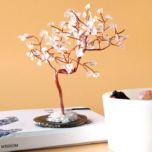 Lrg Gemstone Tree - Rock Quartz on Black Agate Base (100 stones) gemstone tree handmade in India for home decor and healing.