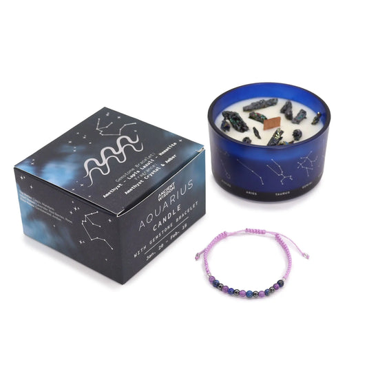 Zodiac Crystal Candle with Gemstone Bracelet - Aquarious Ninja Aromatherapy