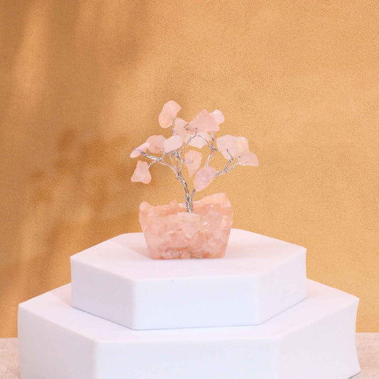 Mini Gemstone Tree On Orgonite Base - Rose Quartz (15 stones) gemstone tree handmade in India for home decor and healing.