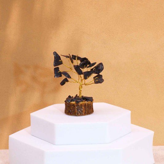 Mini Gemstone Tree On Wood Base - Black Agate (15 stones) gemstone tree handmade in India for home decor and healing.