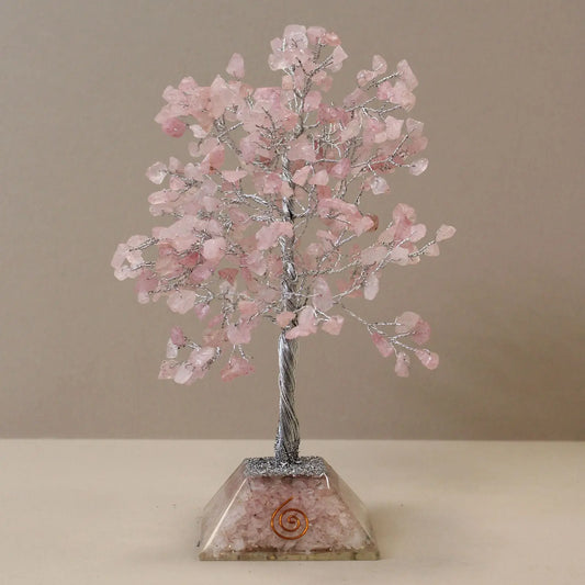 Gemstone Tree with Organite Base - 320 Stone - Rose Quartz gemstone tree handmade in India for home decor and healing.