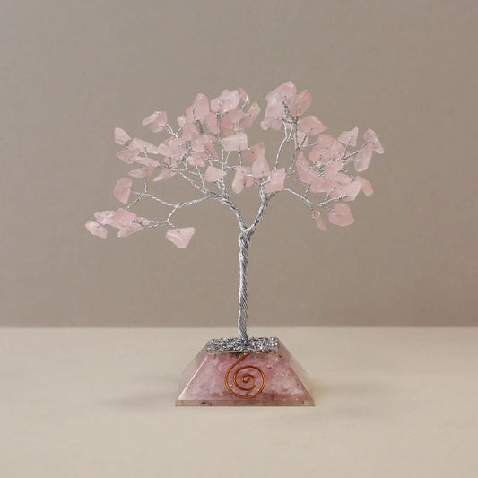 Gemstone Tree with Organite Base - 80 Stone - Rose Quartz gemstone tree handmade in India for home decor and healing.