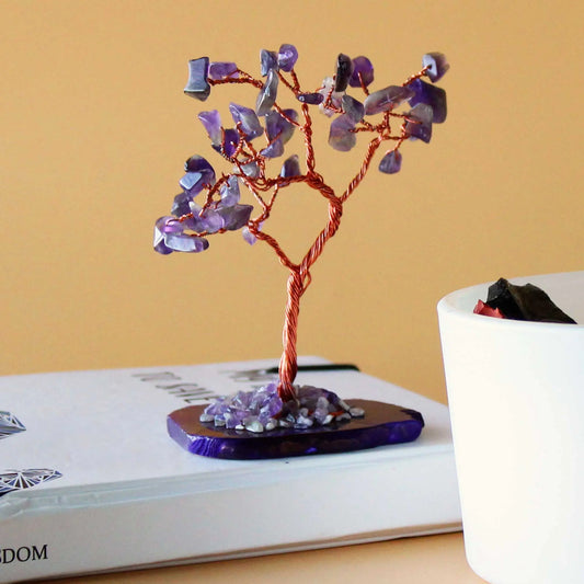 Gemstone Tree - Amethyst on Natural Agate Base (35 stones) gemstone tree handmade in India for home decor and healing.