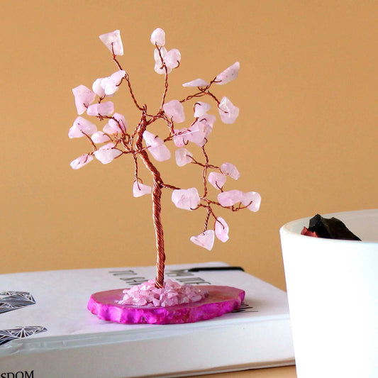 Gemstone Tree - Rose Quartz on Pink Agate Base (35 stones) gemstone tree handmade in India for home decor and healing.