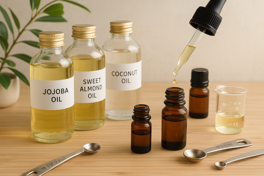 Essential oil dilution setup showing carrier oil bottles, amber essential oil bottles, droppers, and measuring tools on wooden surface for safe aromatherapy blending guide