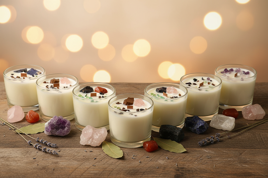 Chakra crystal candles with healing gemstones in a premium lifestyle setting - Ninja Aromatherapy UK