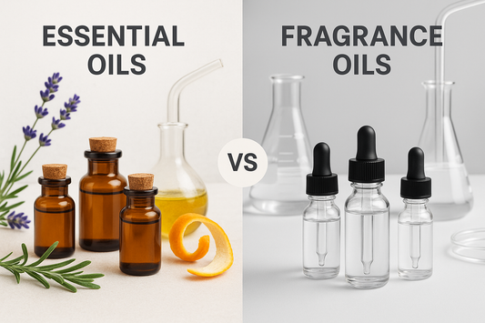 Educational comparison showing essential oils with natural botanical elements versus synthetic fragrance oils demonstrating key compositional differences