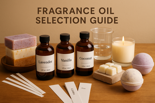 Fragrance oil selection guide showing various fragrance bottles with handmade soaps, candles, wax melts, and bath bombs for crafting applications