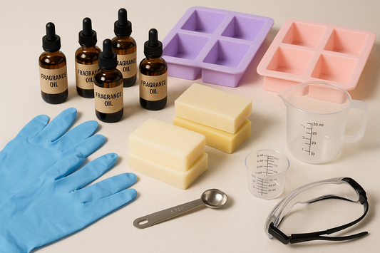 Fragrance oils, soap molds, and safety equipment arranged on workspace for beginner soap making tutorial and aromatherapy crafting