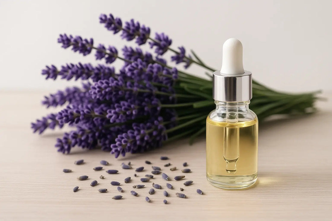 Fresh purple lavender flowers with glass essential oil bottle and dropper on white wooden surface - lavender essential oil benefits and aromatherapy uses
