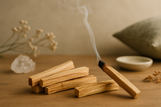 Palo Santo sticks with gentle smoke wisps in serene wellness setting - natural stress relief and aromatherapy for meditation and relaxation