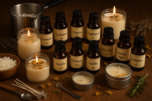 Essential oils for candle making showing floral, citrusy, woody and spicy scent categories with handmade candles creating transformative home ambiance