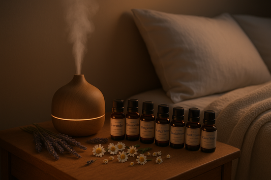 Top 10 essential oils for sleep displayed on bedside table with diffuser, cozy bedding and calming ambiance for improved rest