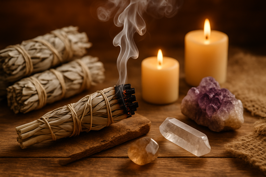 White sage smudge sticks burning with ethereal smoke wisps on wooden surface surrounded by crystals and candles for energy cleansing and aromatherapy