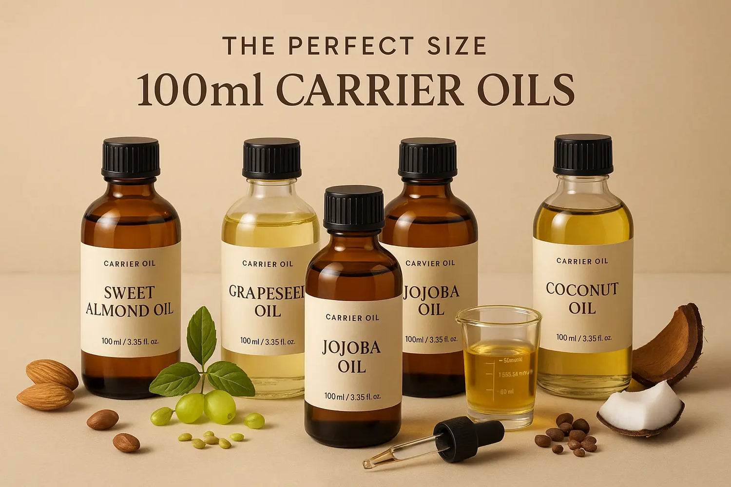 00ml carrier oil bottles collection featuring amber and clear glass bottles with measuring cup, nuts and botanical ingredients, emphasizing perfect size for aromatherapy and massage use