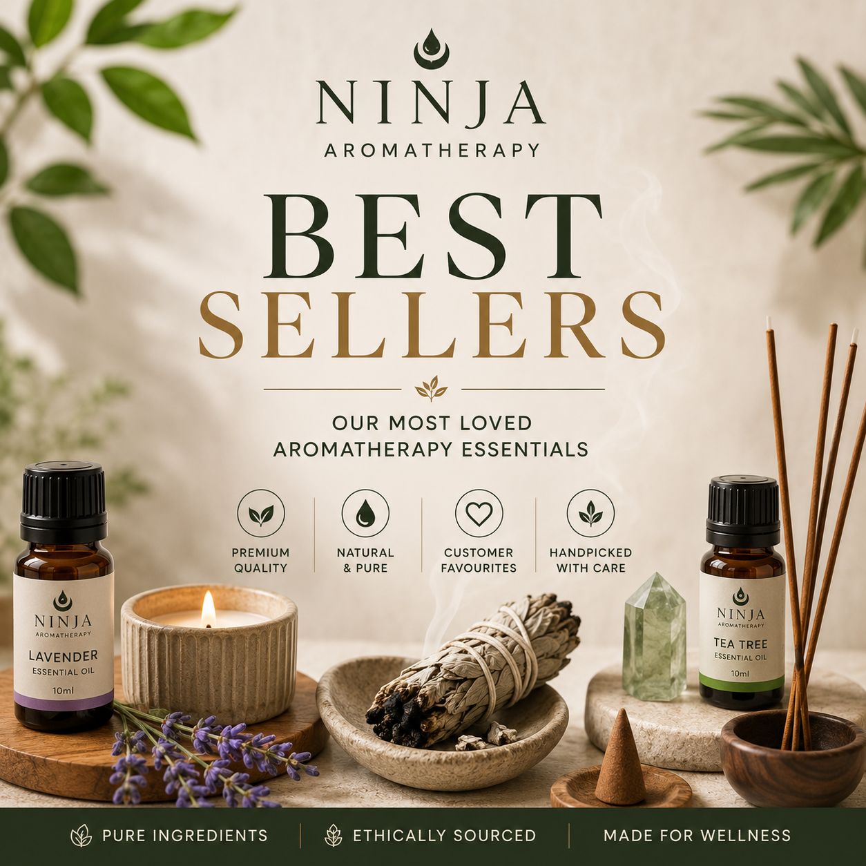 Premium best sellers collection image featuring essential oils, incense sticks, smudge sticks, candle and wellness products from Ninja Aromatherapy arranged in a calming natural spa-style setting.
