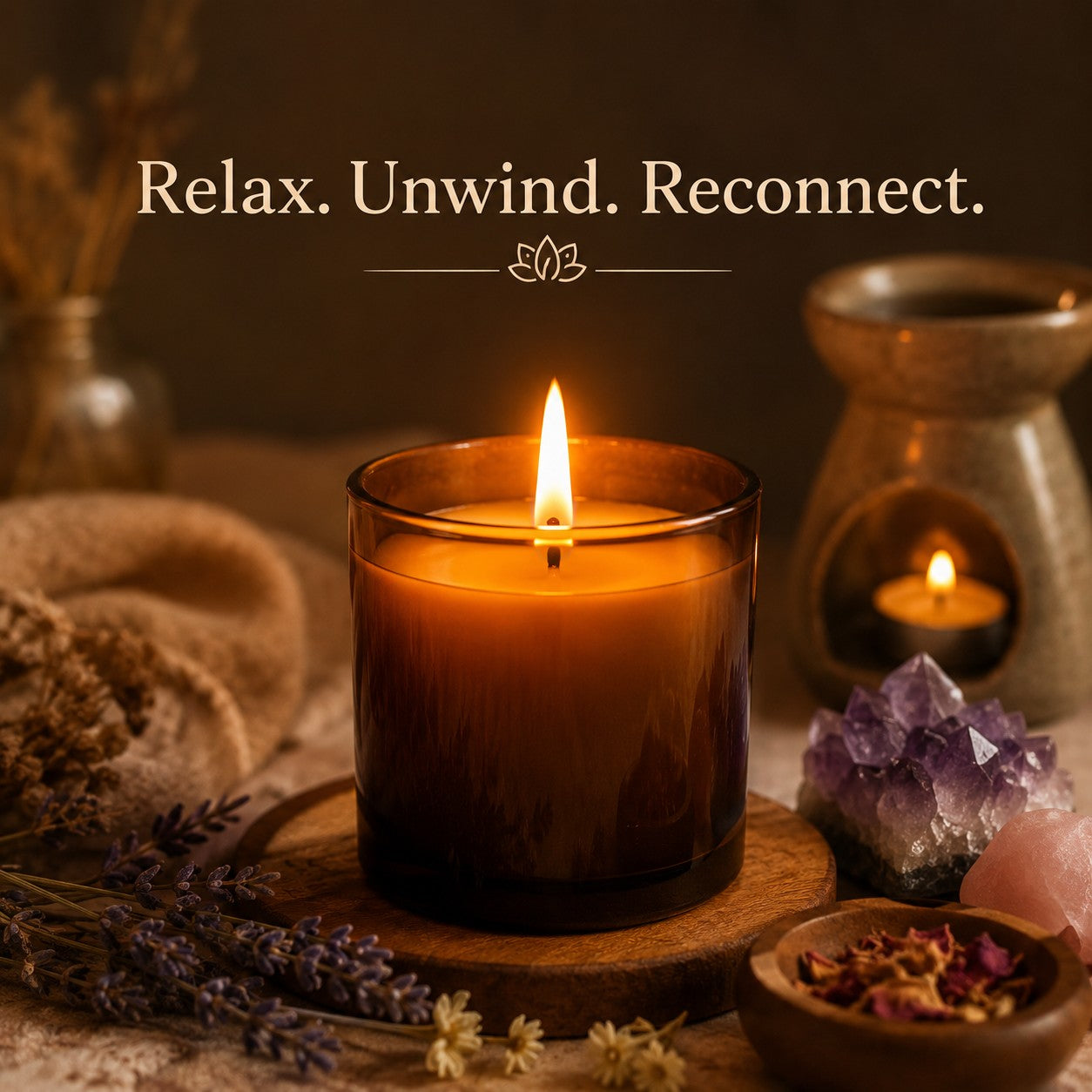 Luxury aromatherapy candle collection image with warm glowing candle, lavender, crystals and relaxing spa-inspired ambiance for home fragrance and relaxation.