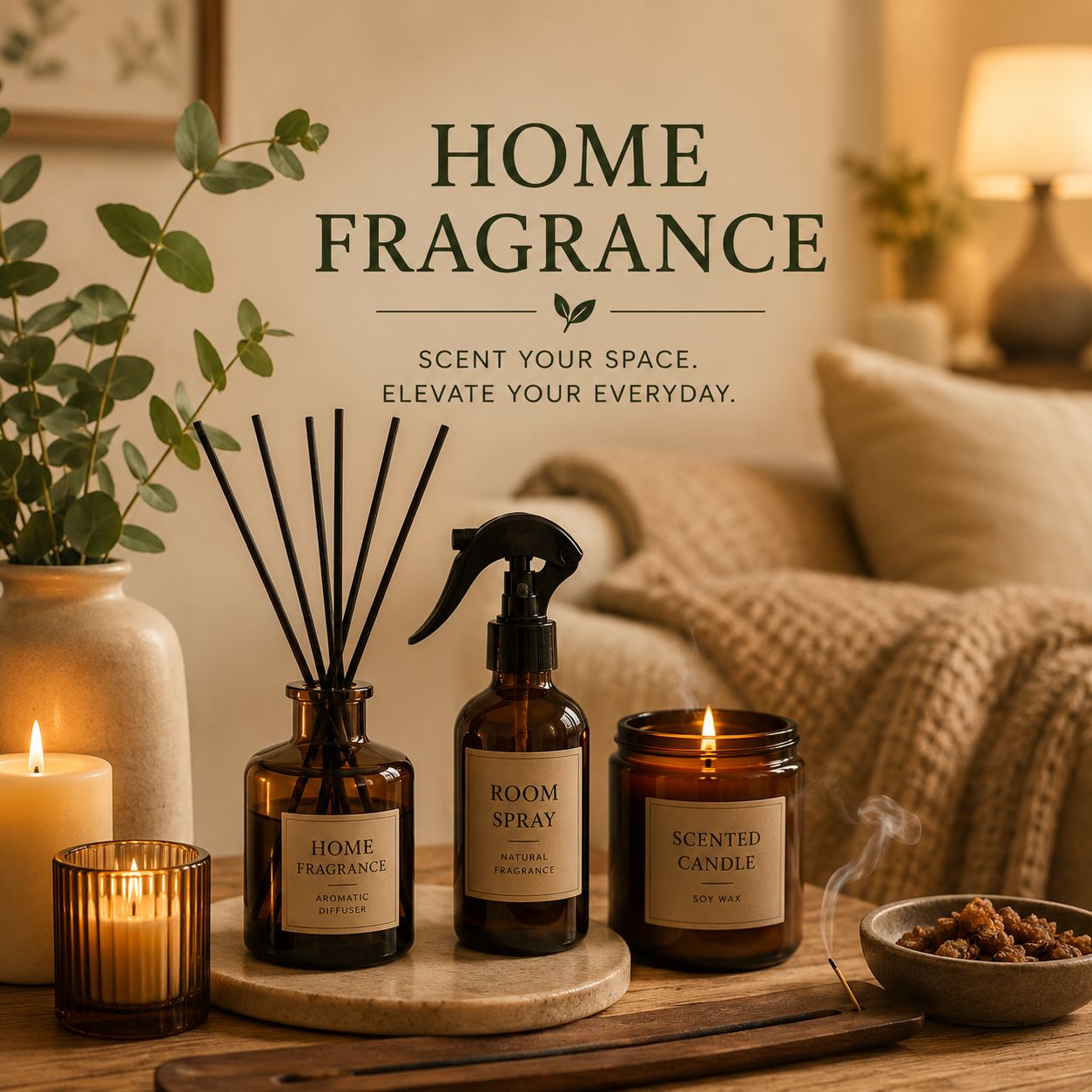 Cozy home fragrance collection featuring scented candles, room spray, and reed diffuser in a warm relaxing interior setting.