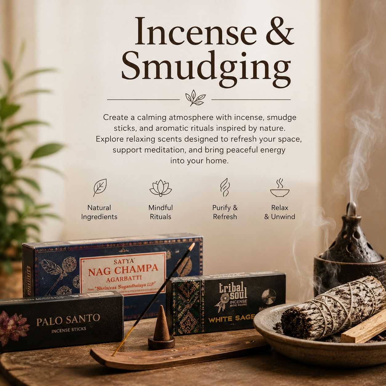 Create a calming atmosphere with incense, smudge sticks, and aromatic rituals inspired by nature and mindful living. Explore relaxing scents designed to refresh your space, support meditation, and bring peaceful energy into your home.