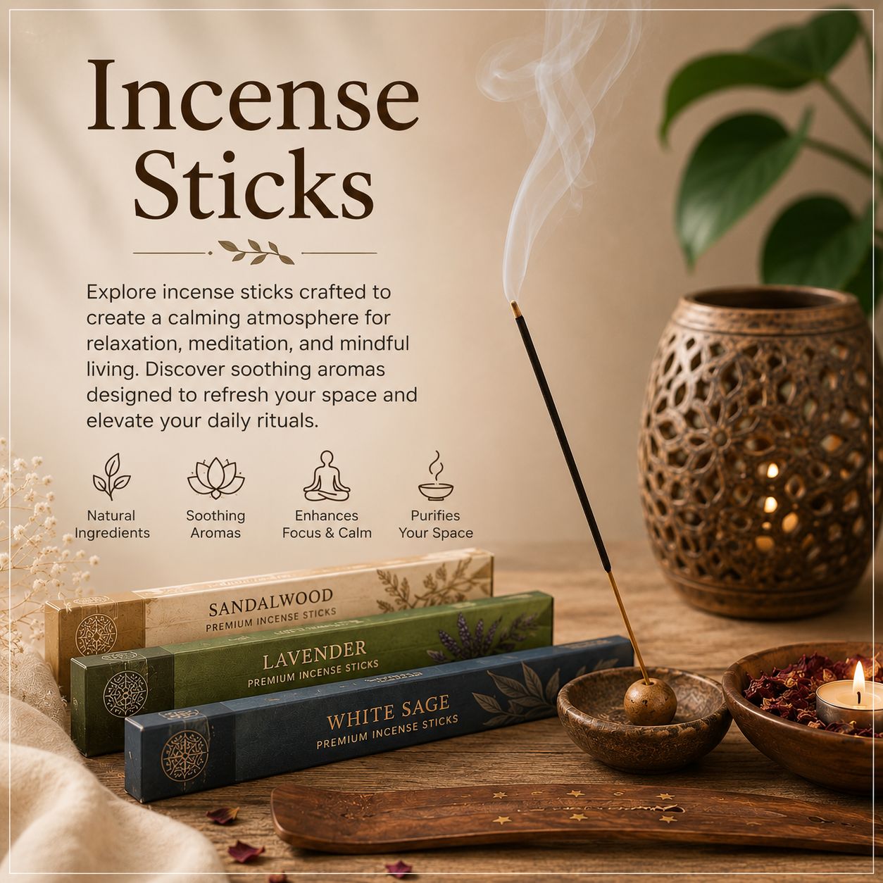 Incense sticks collection featuring calming aromatic incense, warm ambient decor, and relaxing wellness-inspired home fragrance products.