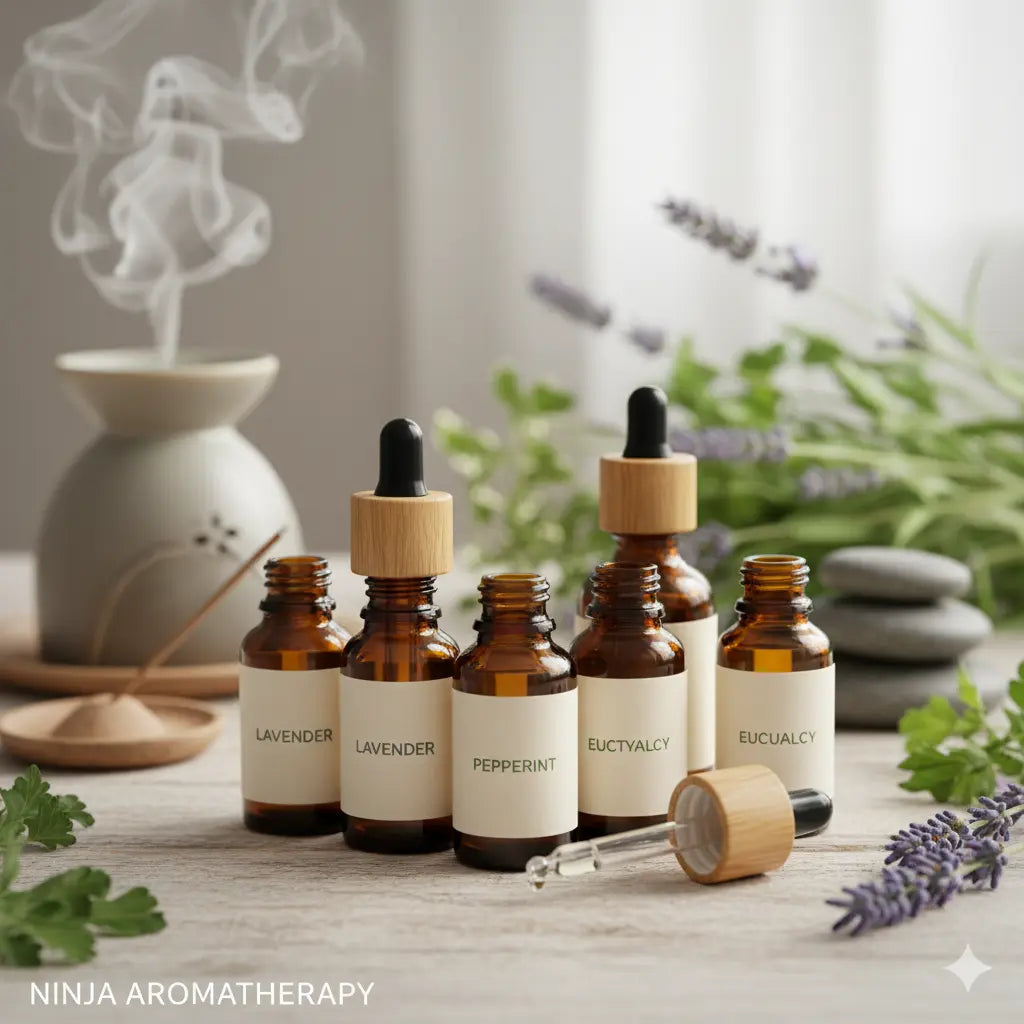 Pure natural essential oils collection featuring various therapeutic grade bottles for aromatherapy and wellness