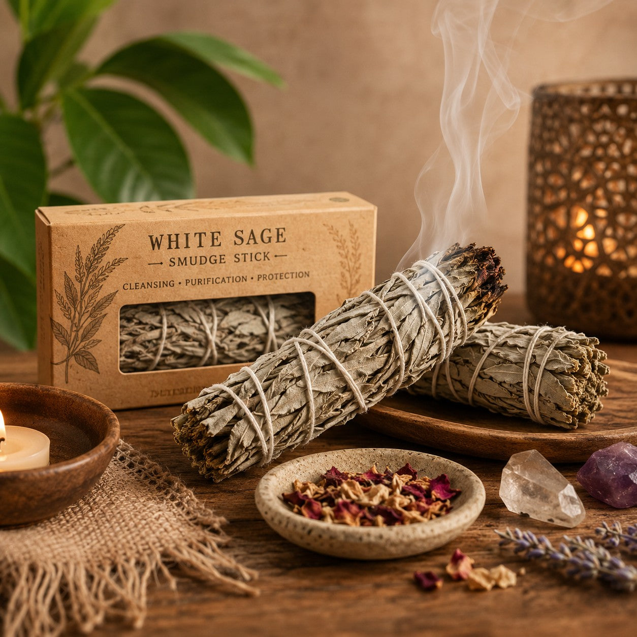 White sage smudge sticks with calming smoke, crystals, and wellness-inspired decor in a peaceful natural setting.