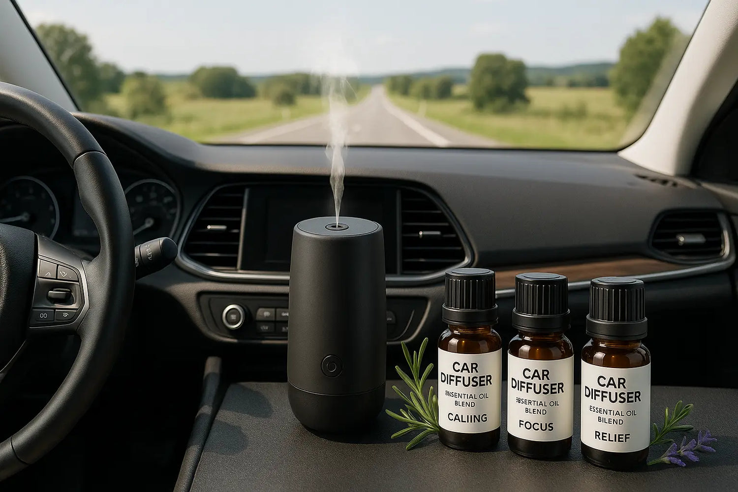 Car diffuser essential oil blends featuring modern car interior with diffuser device releasing mist, compact 10ml bottles, steering wheel and road scenery for travel aromatherapy