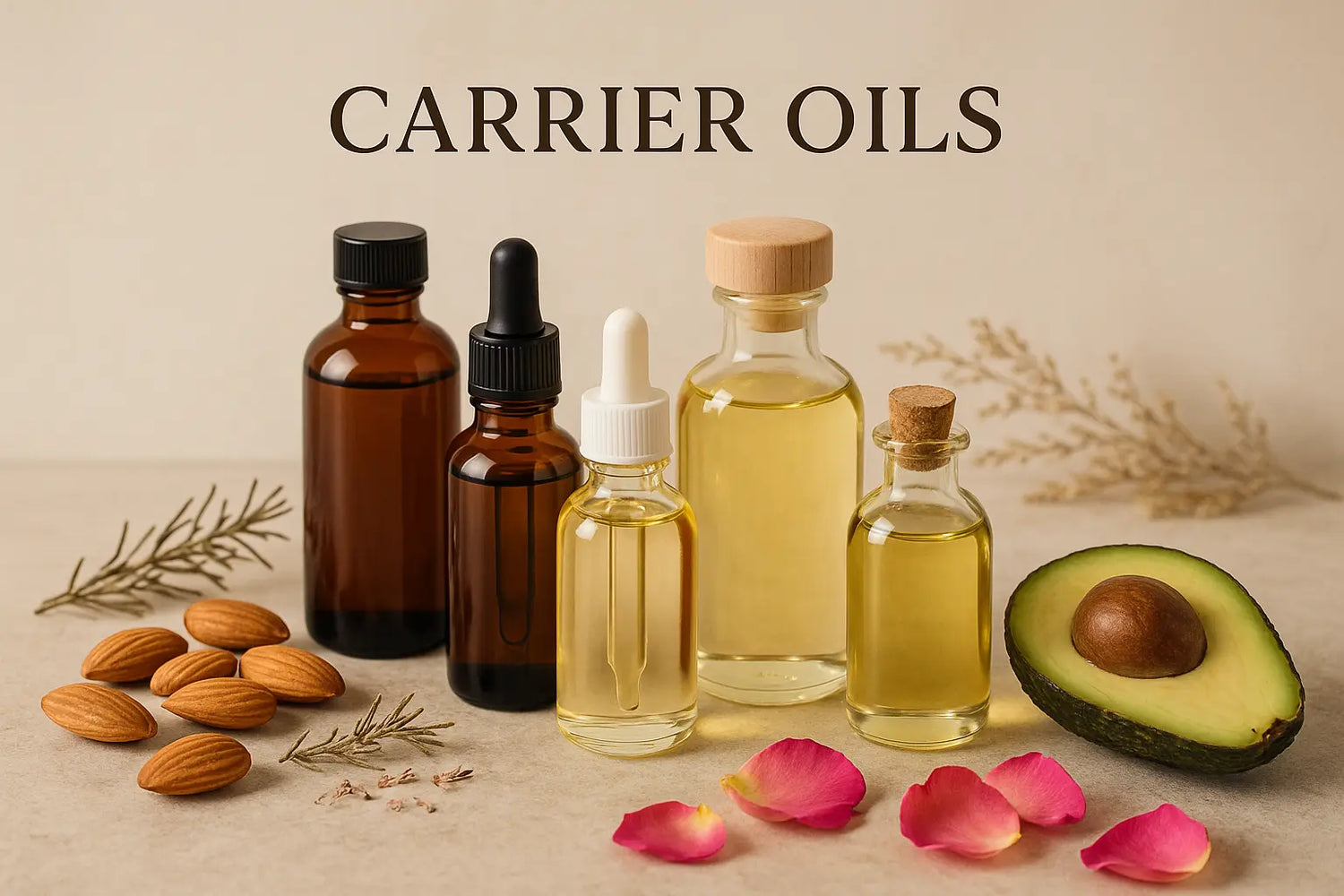 Premium carrier oils and base oils collection featuring glass bottles of Sweet Almond, Jojoba, Argan and other natural carrier oils with almonds, rose petals and aromatherapy ingredients on neutral background