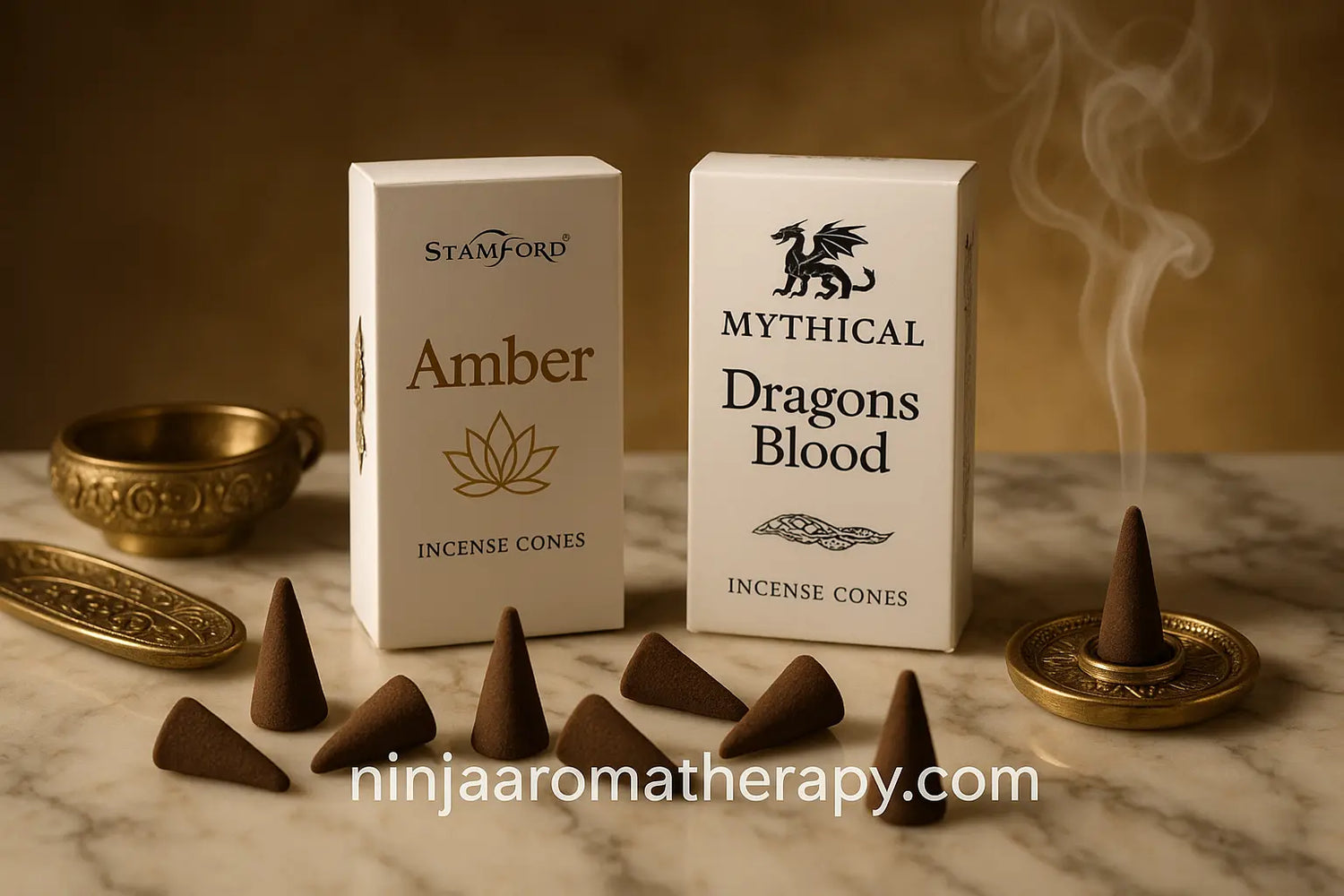 Premium incense cones featuring Stamford and Mythical luxury brands for aromatherapy available at ninjaaromatherapy.com