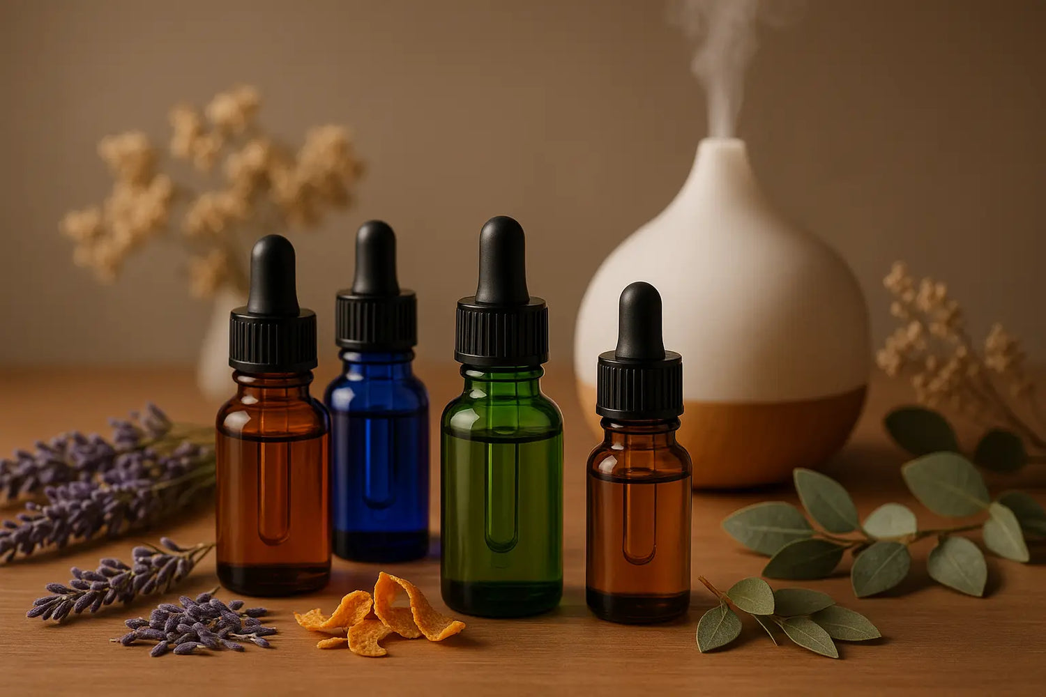 Essential oil blends collection featuring multiple glass bottles with different colored therapeutic blends, dried herbs, flowers, and aromatherapy diffuser with mist for wellness