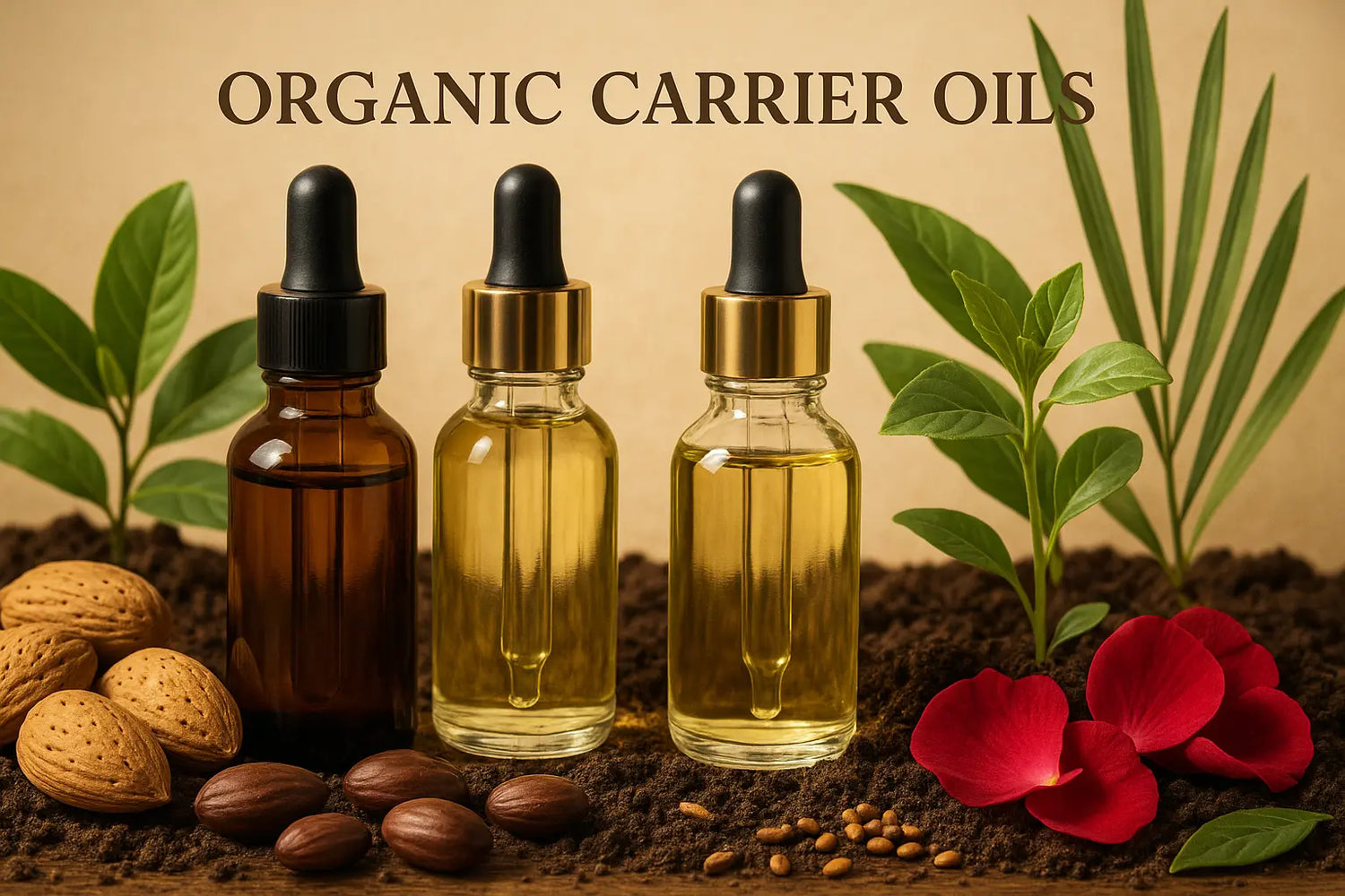 Organic carrier oils collection featuring premium glass bottles with natural botanicals, fresh organic almonds, jojoba seeds, rose petals and green leaves emphasizing pure natural quality