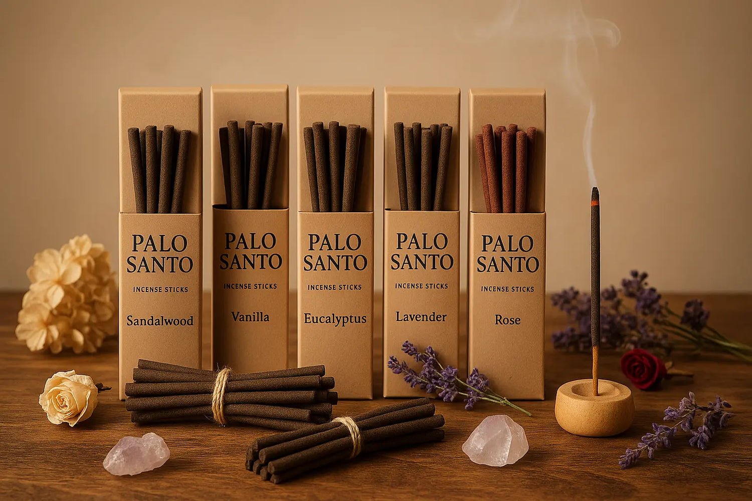 An elegant arrangement of various Palo Santo incense sticks