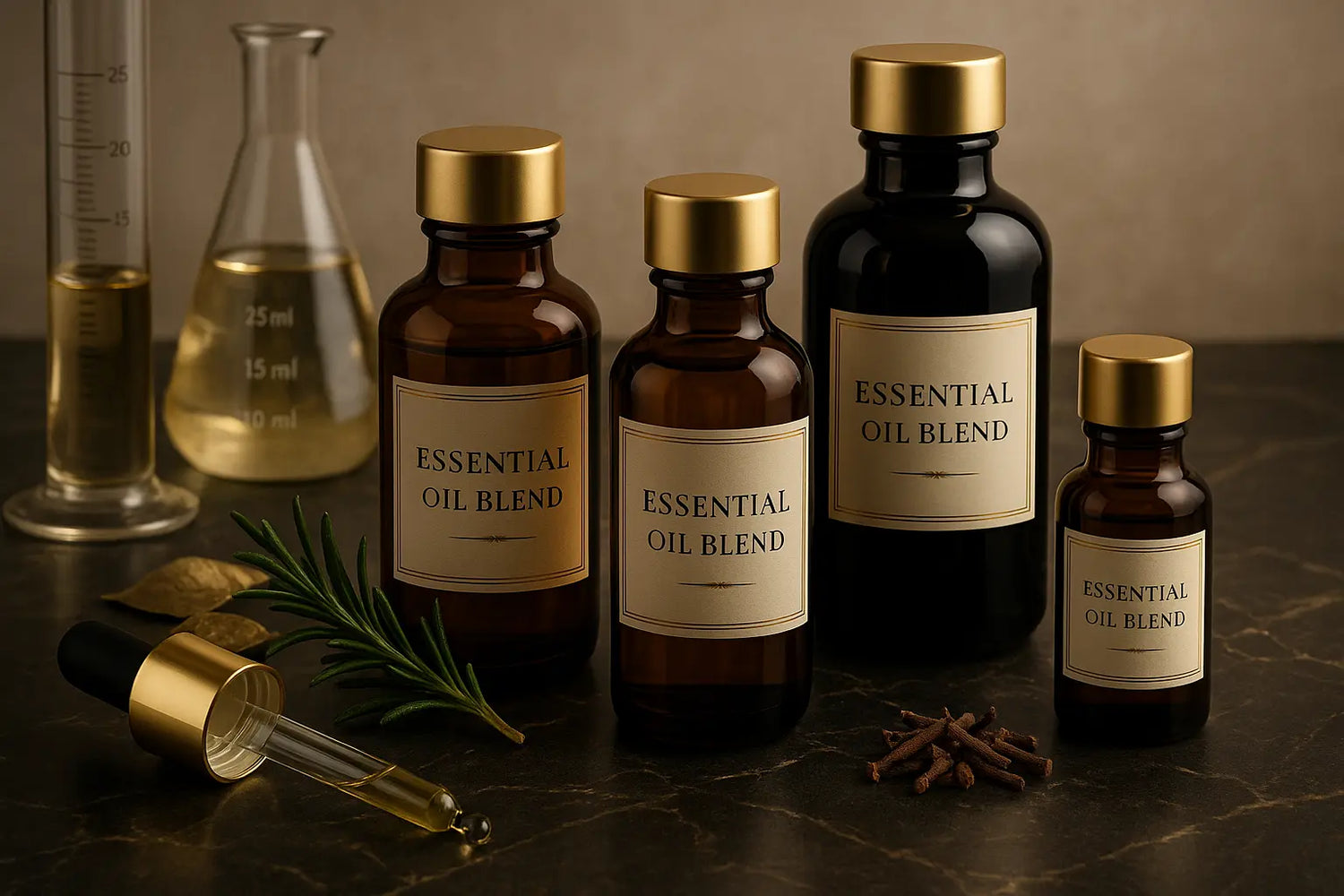 Premium essential oil blends collection featuring luxurious amber glass bottles with gold accents, professional aromatherapy tools, and elegant botanical ingredients on sophisticated surface
