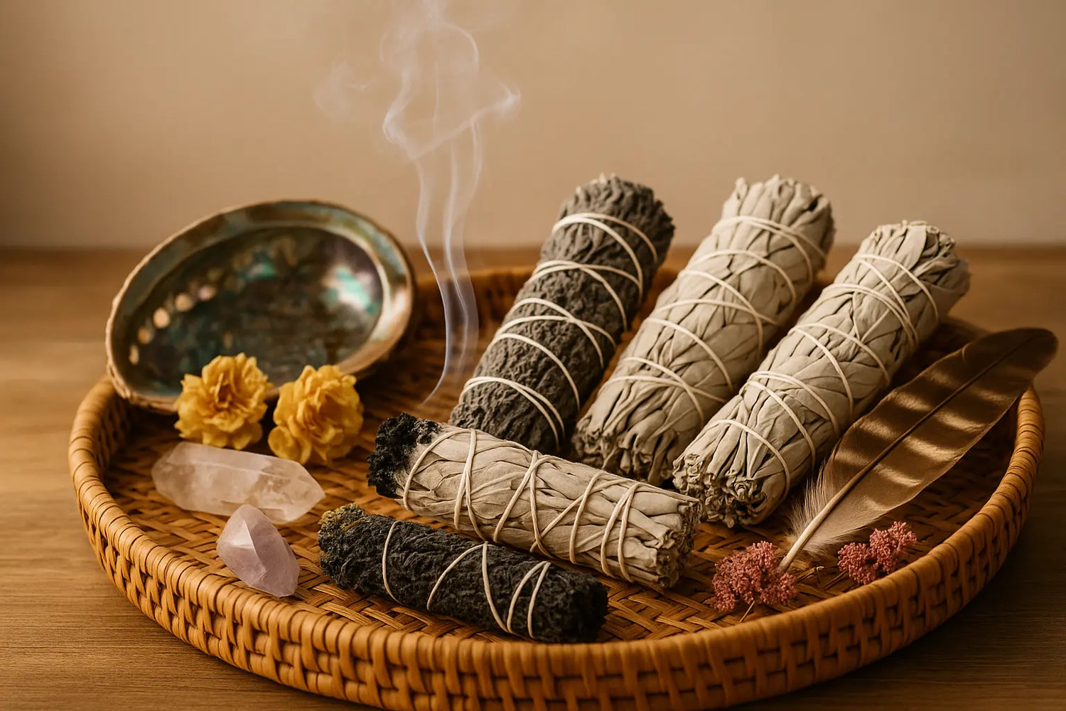 Premium smudge sticks collection featuring white sage bundles, specialty herb blends, crystals, feathers, and abalone shell with gentle smoke for spiritual cleansing and meditation rituals