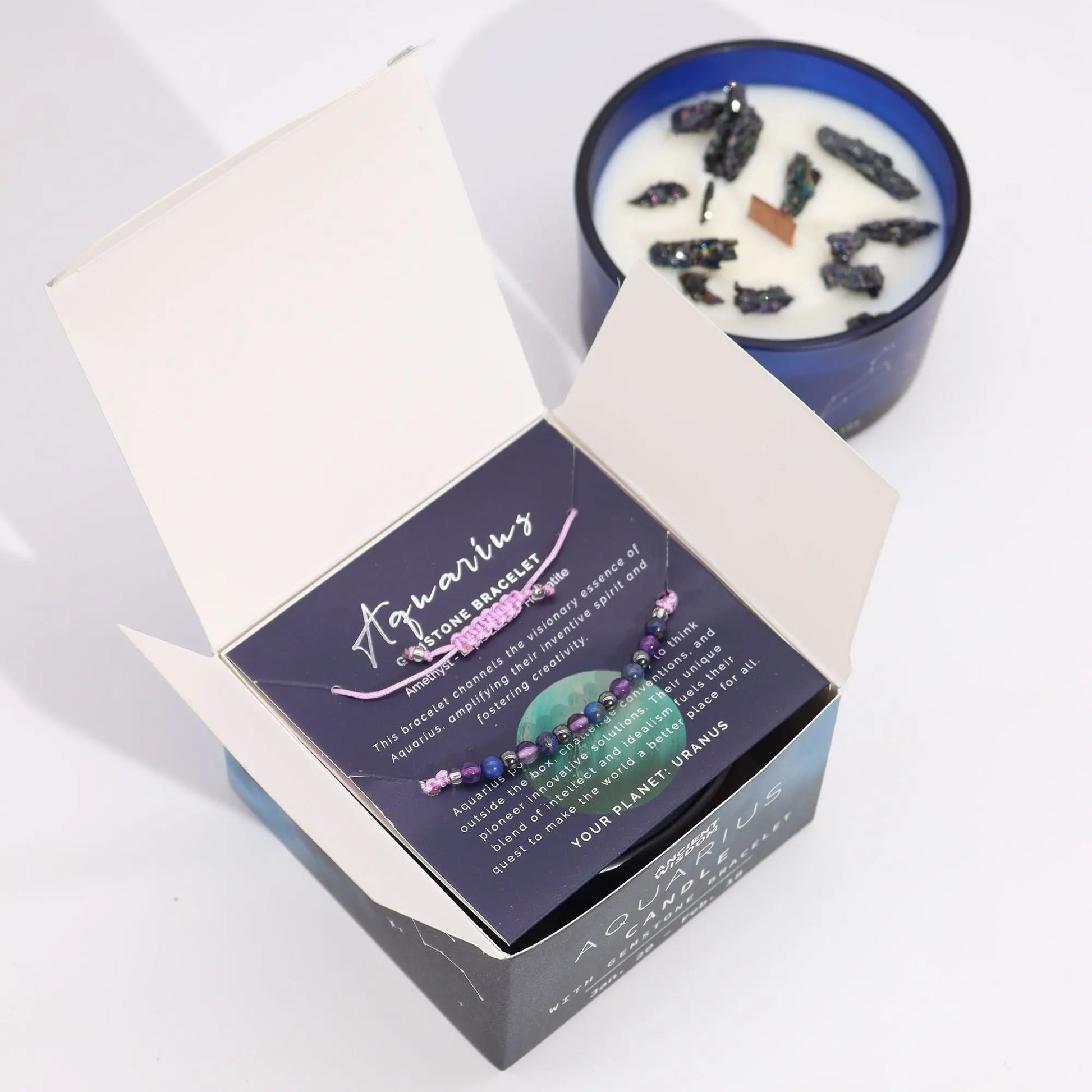 Zodiac Crystal Candle with Gemstone Bracelet - Aquarious Ninja Aromatherapy