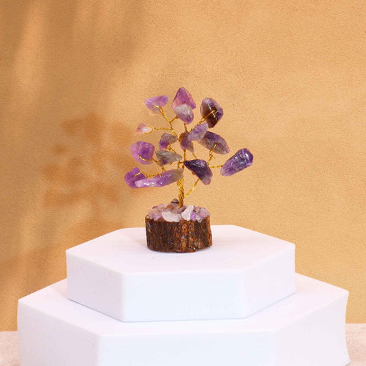 Mini Gemstone Tree On Wood Base - Amethyst (15 stones) gemstone tree handmade in India for home decor and healing.